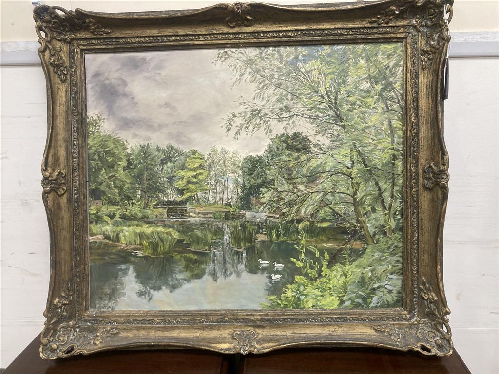 Alfred Hawkins Palmer (1905-1984), River landscape, signed lower right, oil on board 49.5 x 60cm